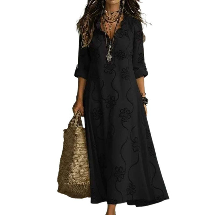 Damen Langes Boho-Maxikleid mit Blumenstickerei und V‑Ausschnitt Drune