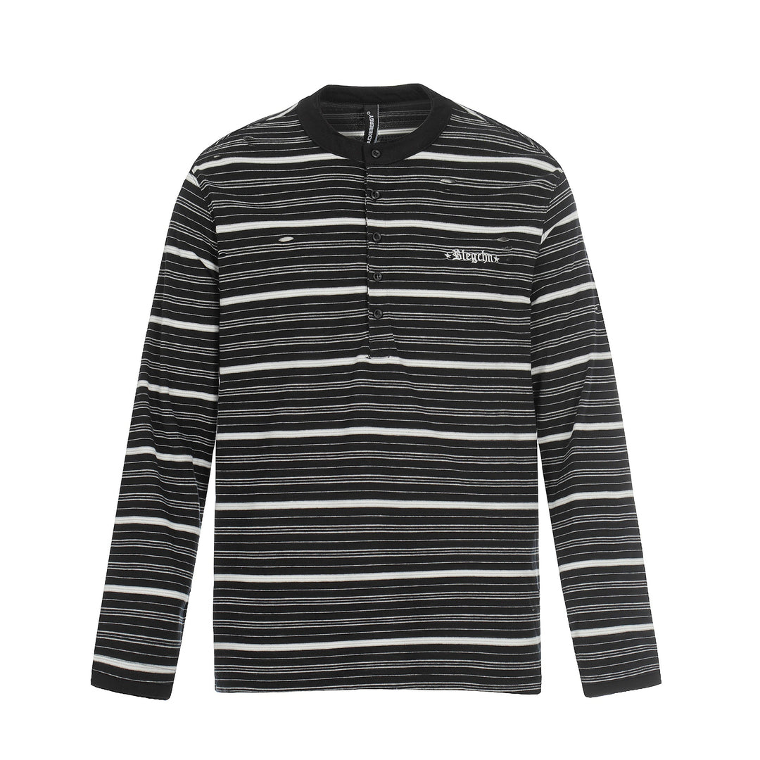 Herren Langarm-Henleyshirt mit Streifenmuster und Distressed-Details Drune
