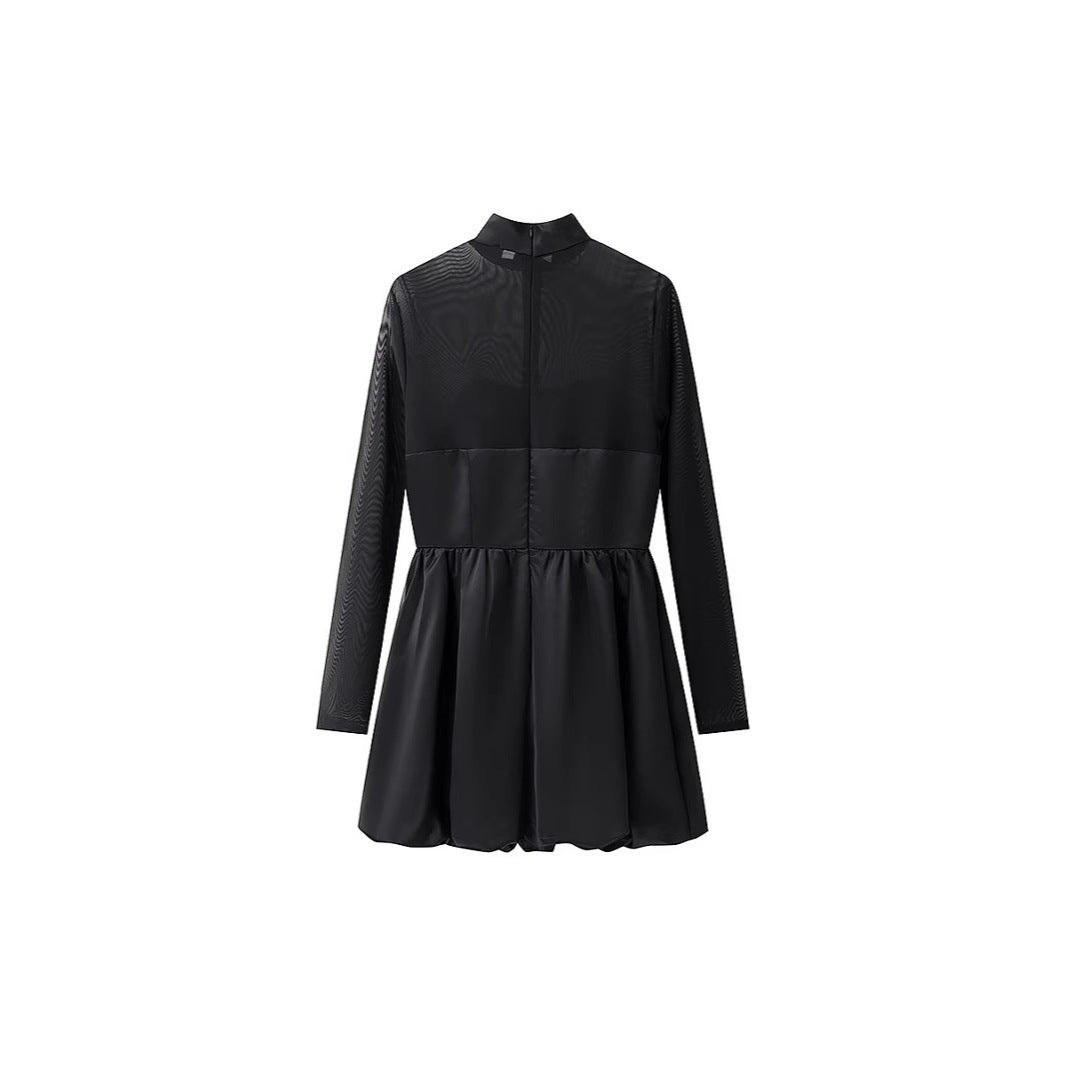 Damen Kurzabendkleid mit Stehkragen, transparenten Mesh-Ärmeln und Korsagen-Optik Drune