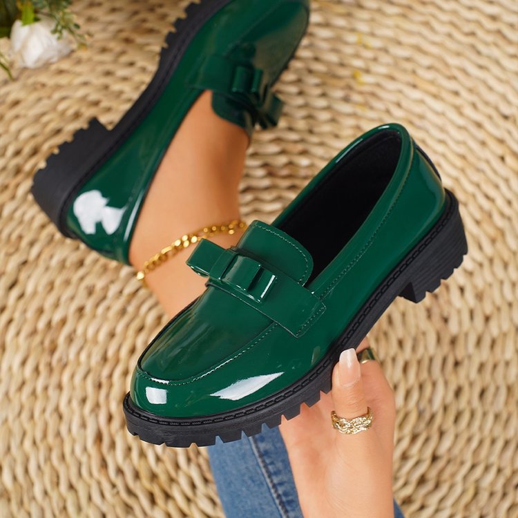 Damen nan elegante Lack-Plateau-Loafer mit dekorativer Schleife und profilierter Gummisohle Drune