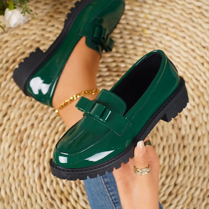 Damen nan elegante Lack-Plateau-Loafer mit dekorativer Schleife und profilierter Gummisohle Drune