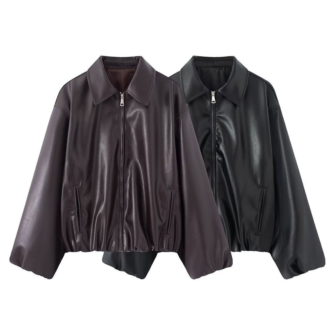 Damen Oversized Kunstleder-Blousonjacke mit Kragen, Reißverschluss und elastischem Saum Drune