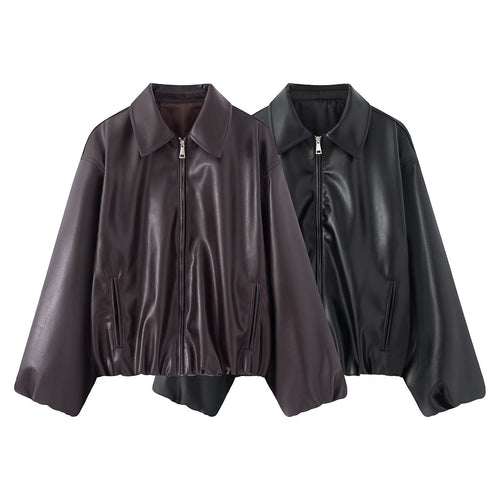 Damen Oversized Kunstleder-Blousonjacke mit Kragen, Reißverschluss und elastischem Saum Drune