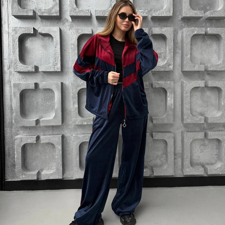 Damen Retro-inspiriertes Samt-Trackset mit Chevron-Design, Stehkragen und weiter High-Waist-Jogger Drune
