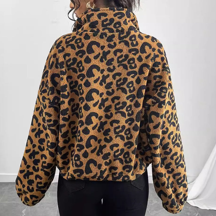Damen Plüschige Kurzjacke im Leopardenmuster mit hohem Kragen Drune