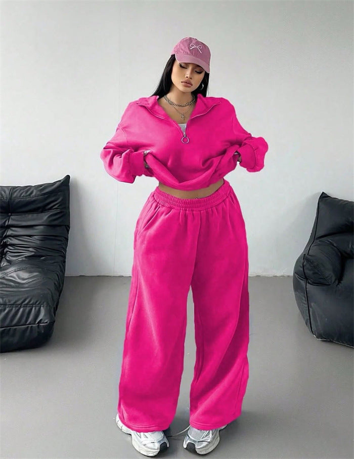Damen Samt-Cropped-Ziphoodie und weit geschnittene High-Waist Palazzo-Jogginghose Drune