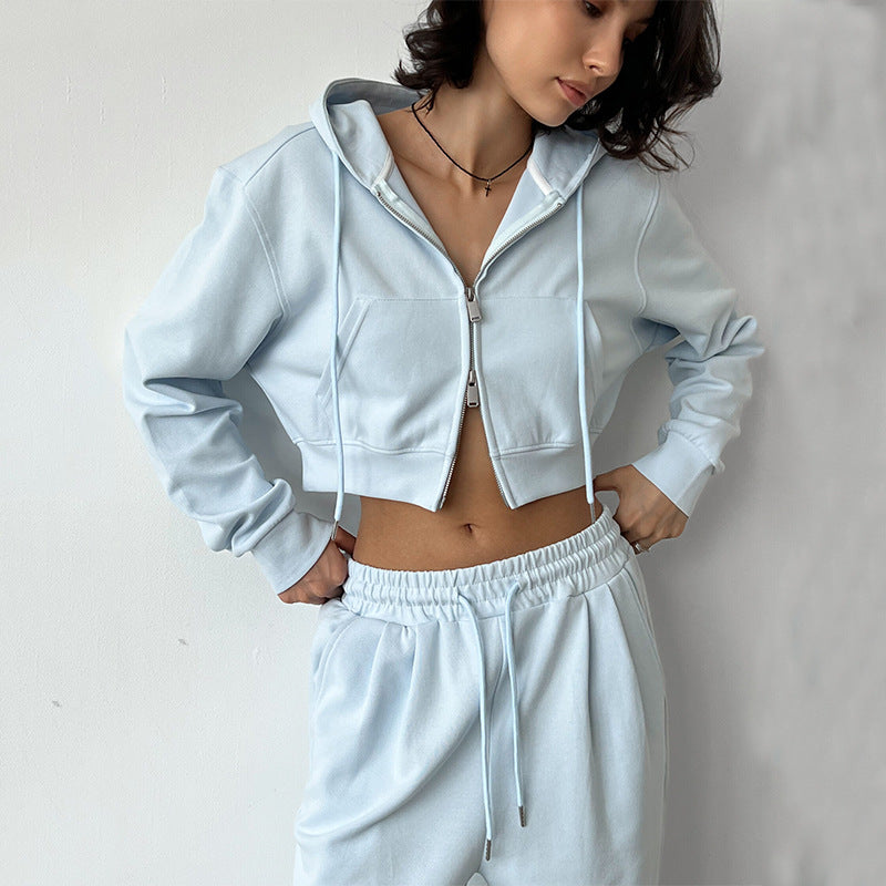Damen Kurzes Zip-Kapuzen-Set mit taillenhoher weiter Loungehose Drune