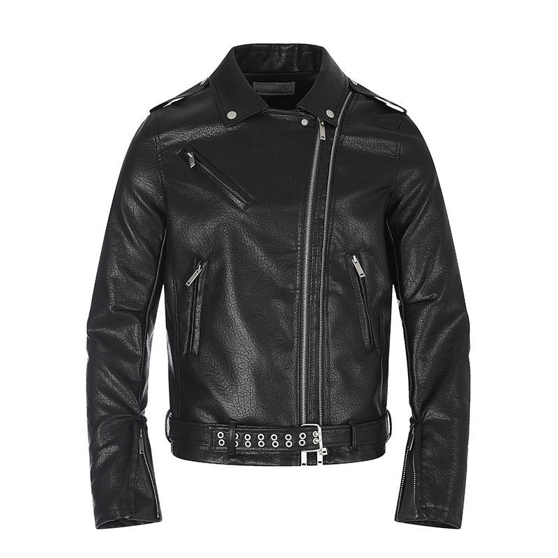 Herren taillierte Bikerjacke aus Kunstleder mit asymmetrischem Reißverschluss und Nieten-Taillengürtel Drune