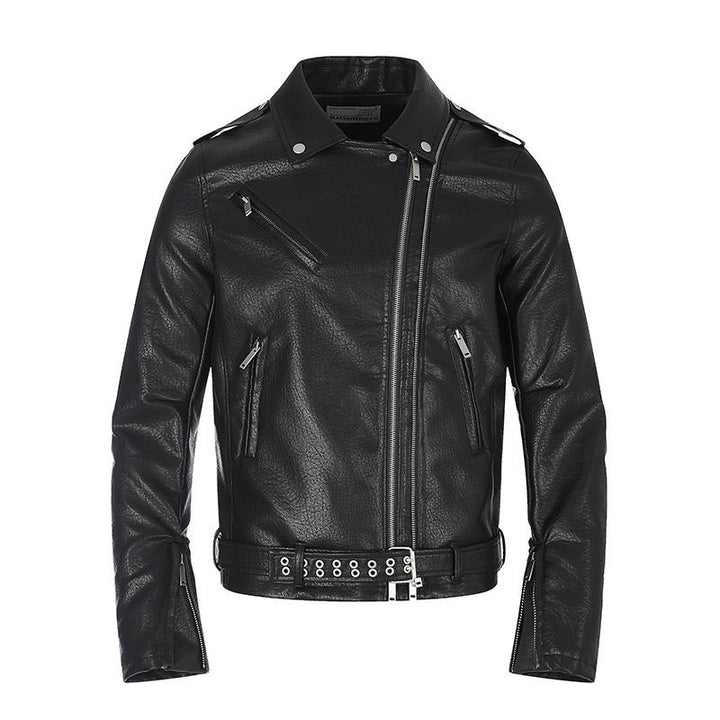 Herren taillierte Bikerjacke aus Kunstleder mit asymmetrischem Reißverschluss und Nieten-Taillengürtel Drune
