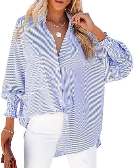 Damen legere Hemdbluse mit modischen Rüschenärmeln und Streifenmuster Drune