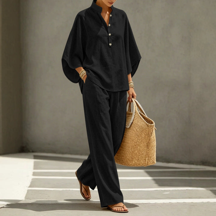 Damen Leichtes Jersey-Set mit Oversize-Henleybluse, Kimonoärmeln und weiter Bundhose Drune