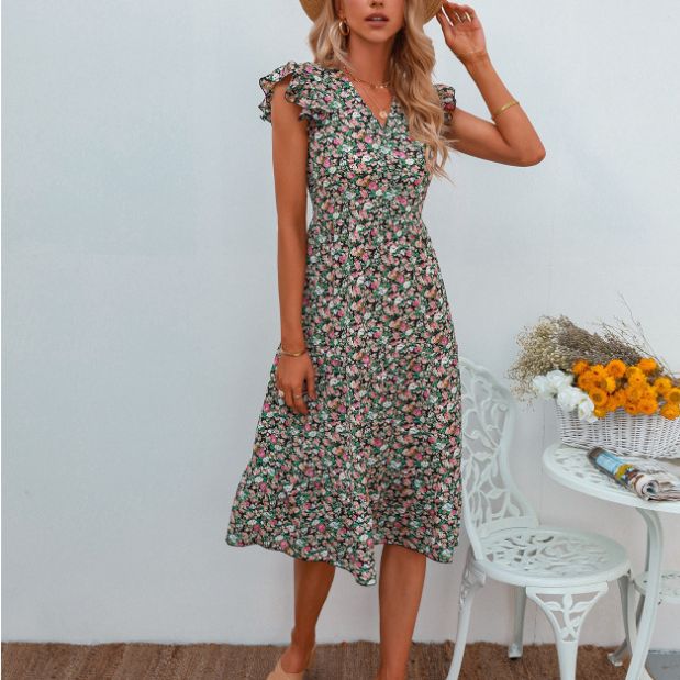 Damen A-Linien Kleid mit voluminösen Rüschenärmeln und floralen Details Drune