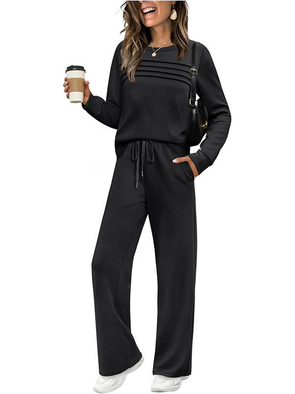 Damen Zweiteiliges Lounge-Set mit Plissee-Detail, Rundhals-Sweatshirt und weitem Kordel-Hose Drune