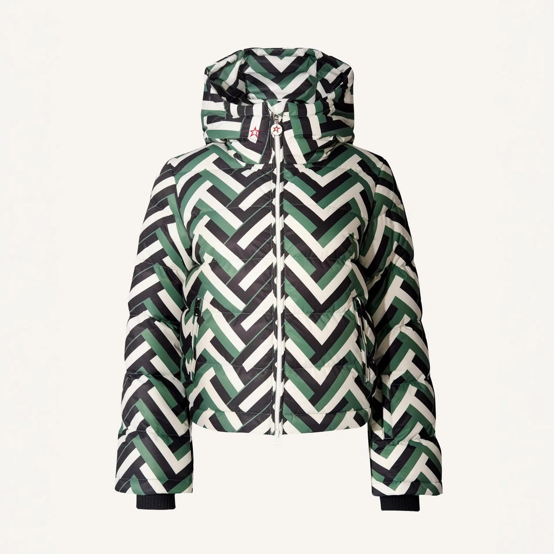 Damen Modische Steppjacke mit Kapuze und auffälligem geometrischem Muster Drune