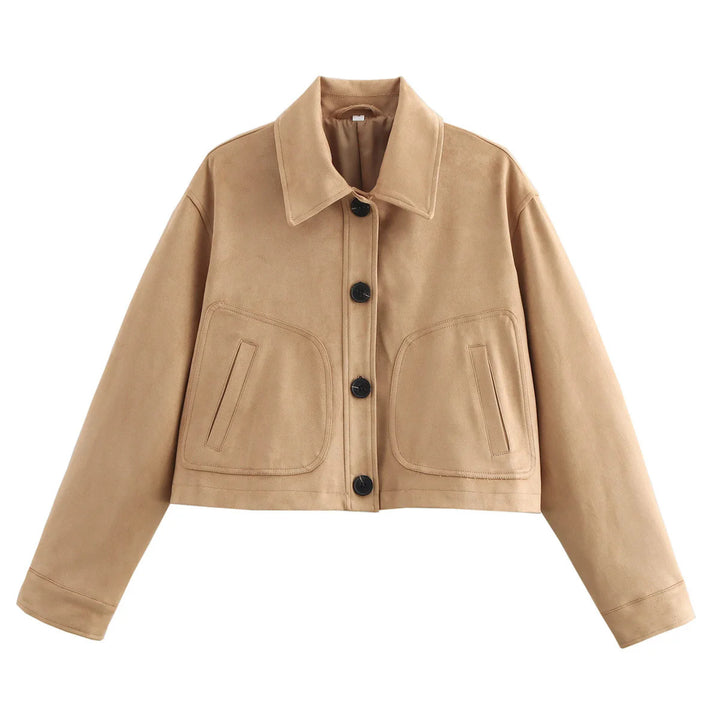 Damen nan kurze Oversize Wildlederimitat-Jacke mit großem Hemdkragen und aufgesetzten Pattentaschen Drune