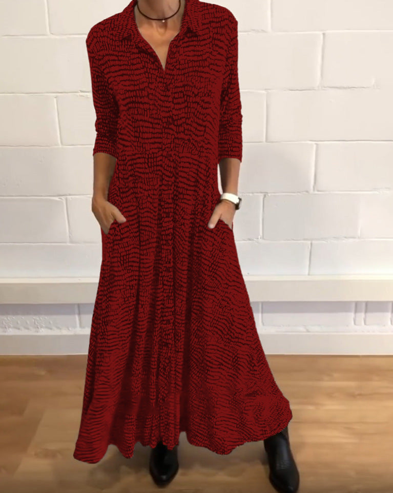 Damen nan fließendes Maxikleid mit Hemdblusenkragen, V-Ausschnitt, dreiviertelärmeln und Seitentaschen Drune