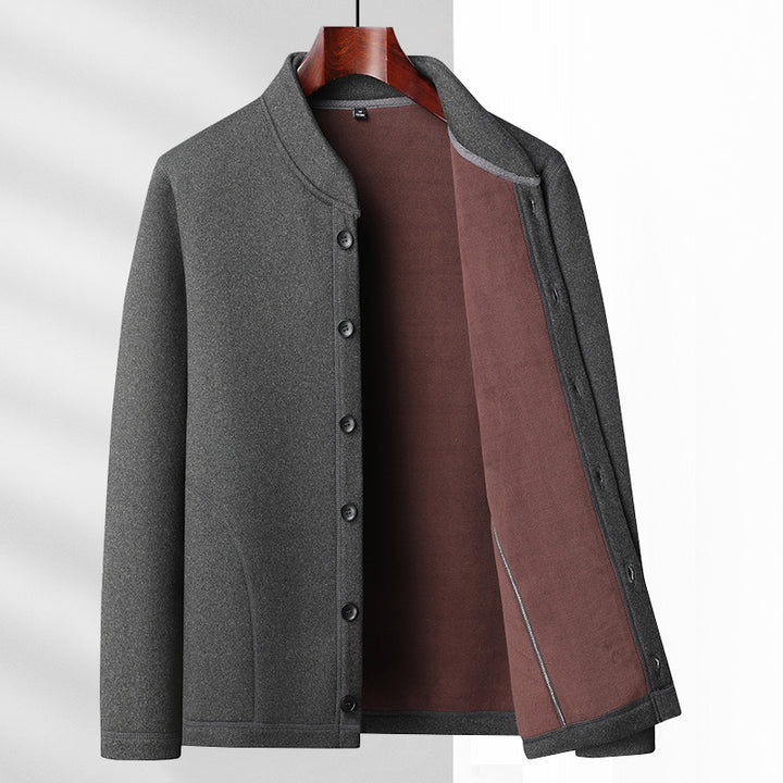 Herren Casual-Stehkragenjacke mit weicher Fleece-Innenseite und verdeckten Nahttaschen Drune