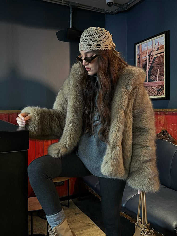 Damen Boxy-Kunstpelzjacke im Teddy-Look mit Oversize-Schalkragen Drune