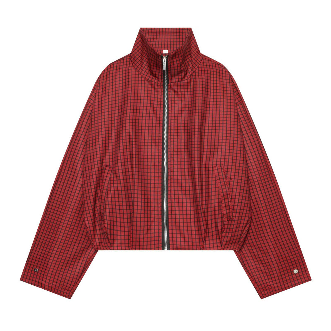 Damen Kariertes Cropped-Bomberjacke mit hohem Stehkragen, elastischem Saum und durchgehendem Reißverschluss Drune