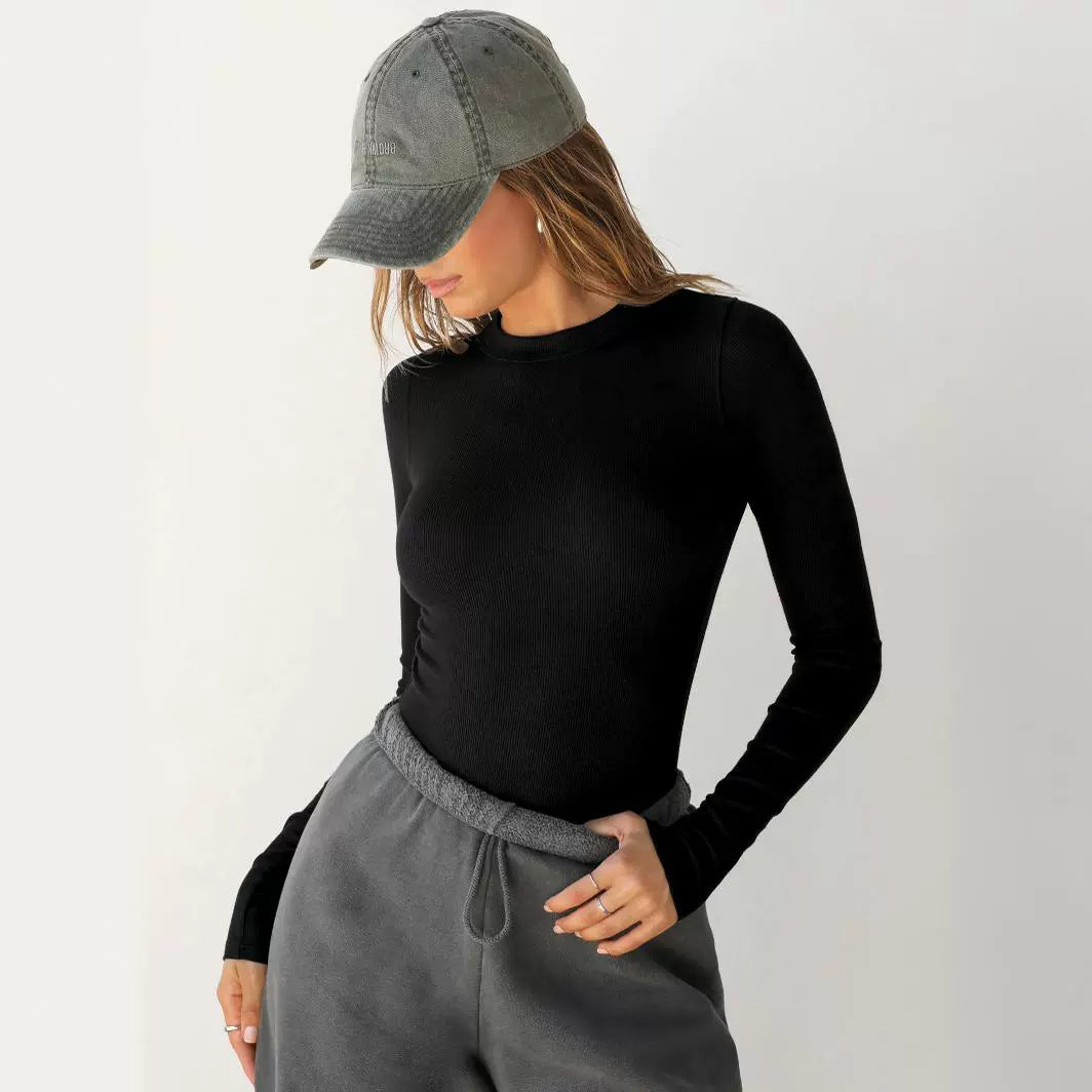Damen Langärmliges Ripp-Top mit elegantem Rundhals und figurbetontem Schnitt Drune
