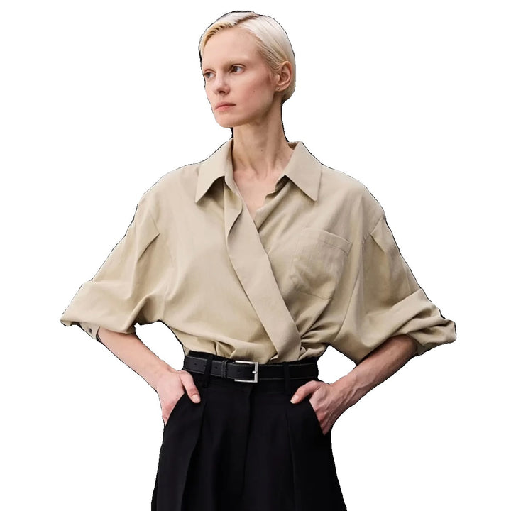 Damen oversized Bluse mit Wickeloptik und praktischer Brusttasche Drune