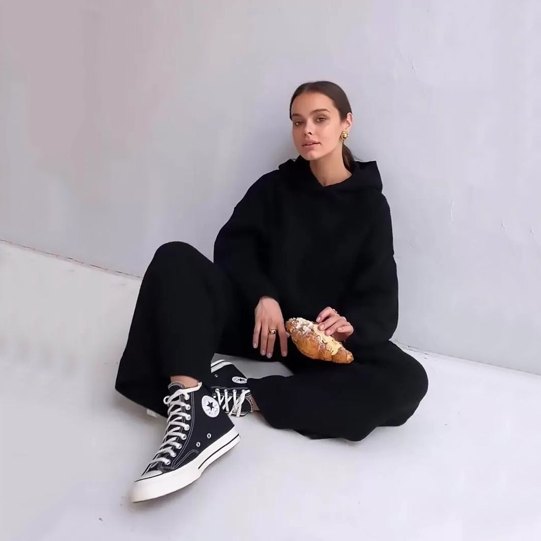 Damen gemütliches Lounge-Set mit Kapuzenpullover, Kängurutasche und weitem Jersey-Hose Drune