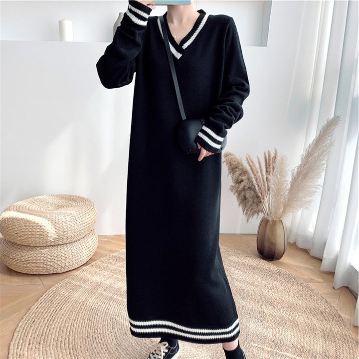 Damen Langarm-Strickkleid mit modernem V-Ausschnitt und kontrastierenden Rippdetails Drune