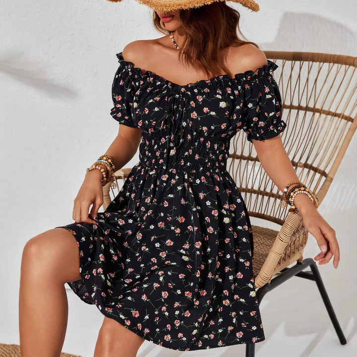 Damen off-shoulder Sommerkleid mit floralem Design und Rüschenelementen Drune