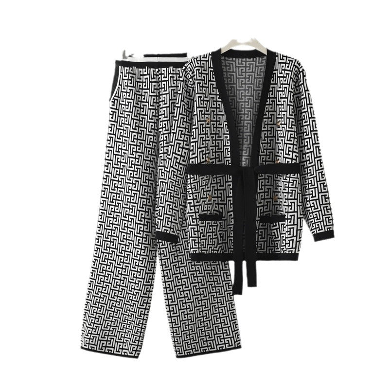 Damen lässiges Strick-Loungewear-Set mit geometrischem Muster Drune