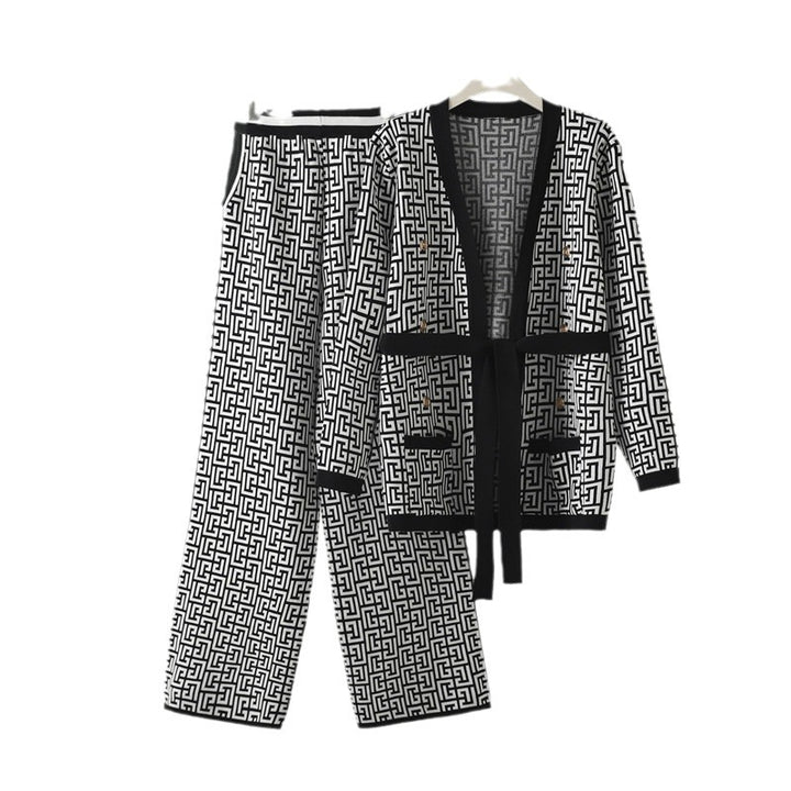 Damen lässiges Strick-Loungewear-Set mit geometrischem Muster Drune