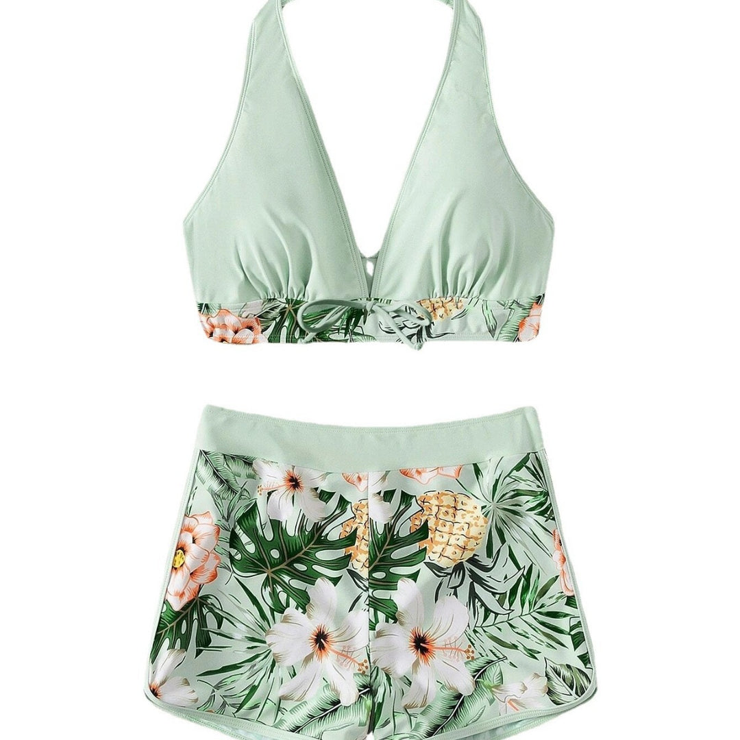 Damen Sportliches Bikini-Set mit geflochtenem Oberteil und gemusterter Shorts Drune