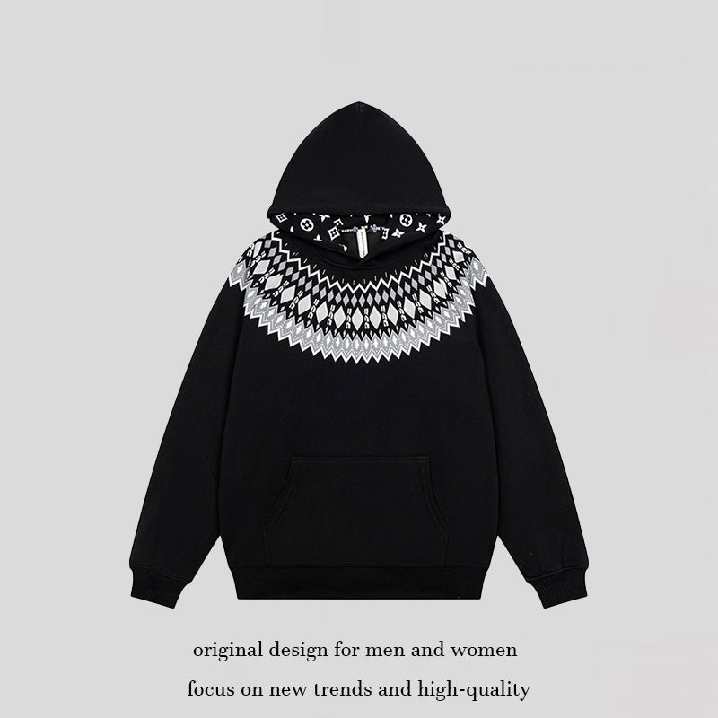 Unisex Oversize Kapuzenpullover mit nordischem Rundpasse-Jacquard, Kängurutasche und Rippbündchen Drune