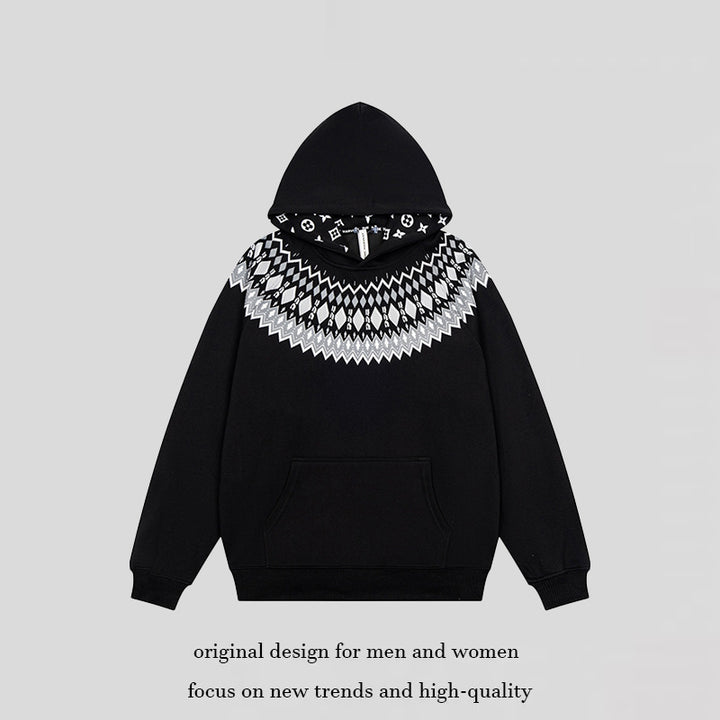 Unisex Oversize Kapuzenpullover mit nordischem Rundpasse-Jacquard, Kängurutasche und Rippbündchen Drune
