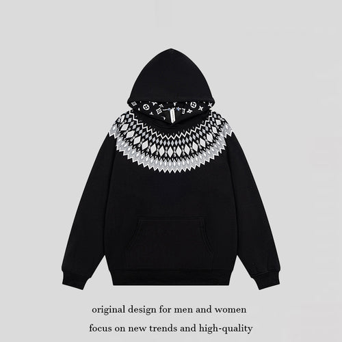 Unisex Oversize Kapuzenpullover mit nordischem Rundpasse-Jacquard, Kängurutasche und Rippbündchen Drune