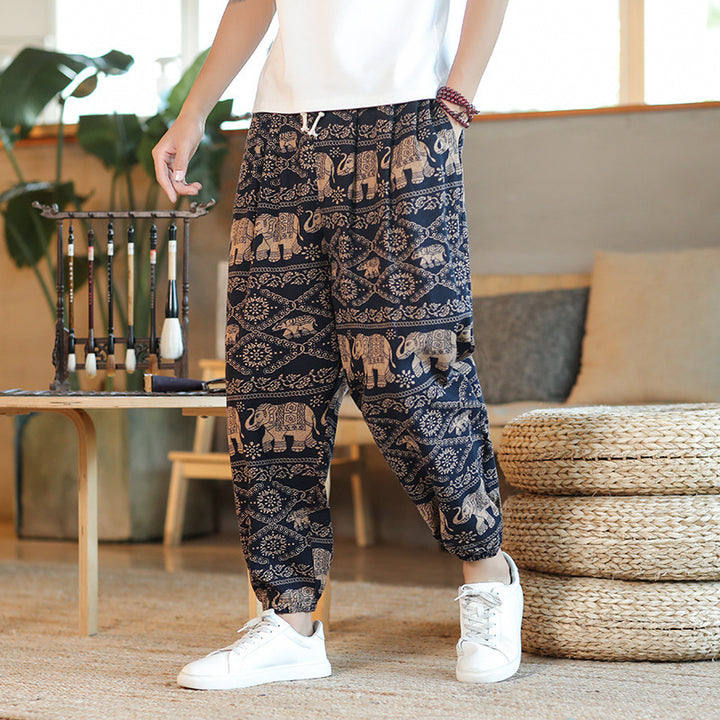 Herren Weite Haremshose im Boho-Print mit elastischem Tunnelzug und gekräuseltem Knöchelbund Drune
