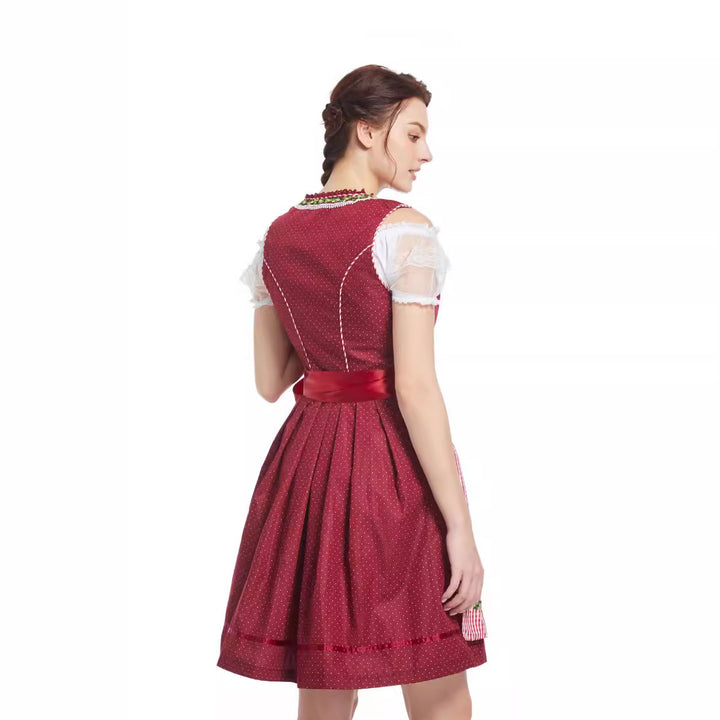 Damen  traditionelles kurz geschnittenes Dirndl mit herzförmigem Ausschnitt, dekorativer Schnürung und Vichy-Karo Schürze Drune