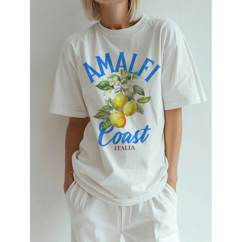 Damen T-Shirt mit stilvollem Zitronenmotiv und Amalfi Coast Schriftzug Drune