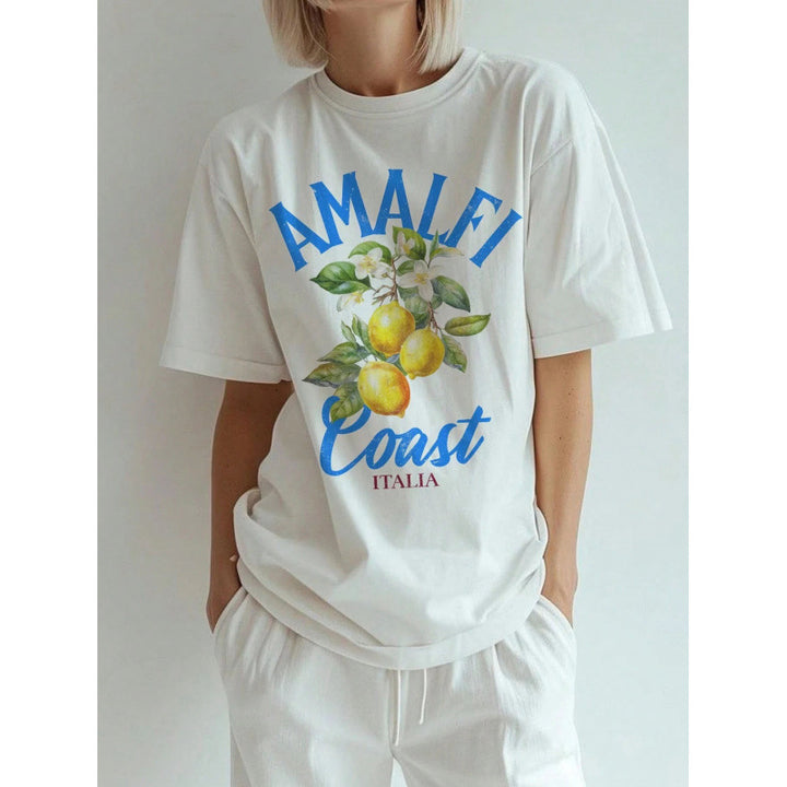 Damen T-Shirt mit stilvollem Zitronenmotiv und Amalfi Coast Schriftzug Drune