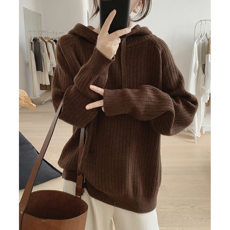 Damen lässiger Strickpullover mit Kapuze und feinem Rippenmuster Drune