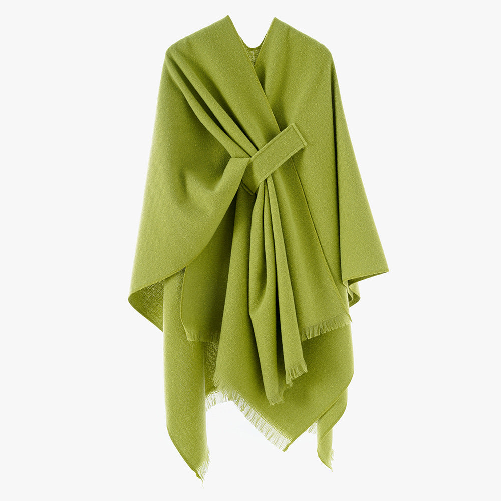 Damen Strickponcho mit geometrischem Blockmuster und Fransen Drune