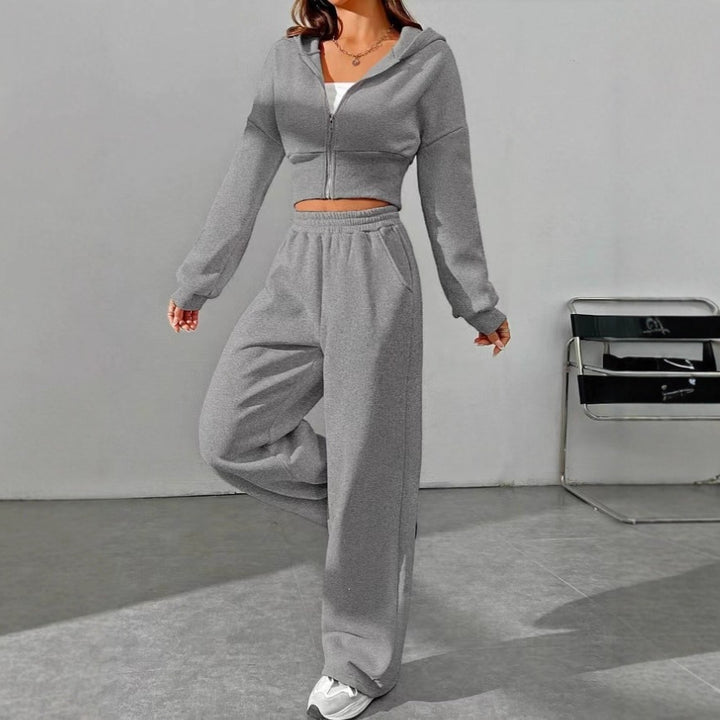 Damen nan kurzes Kapuzen-Sweatshirt mit Reißverschluss und weite High-Waist Jogginghose Drune