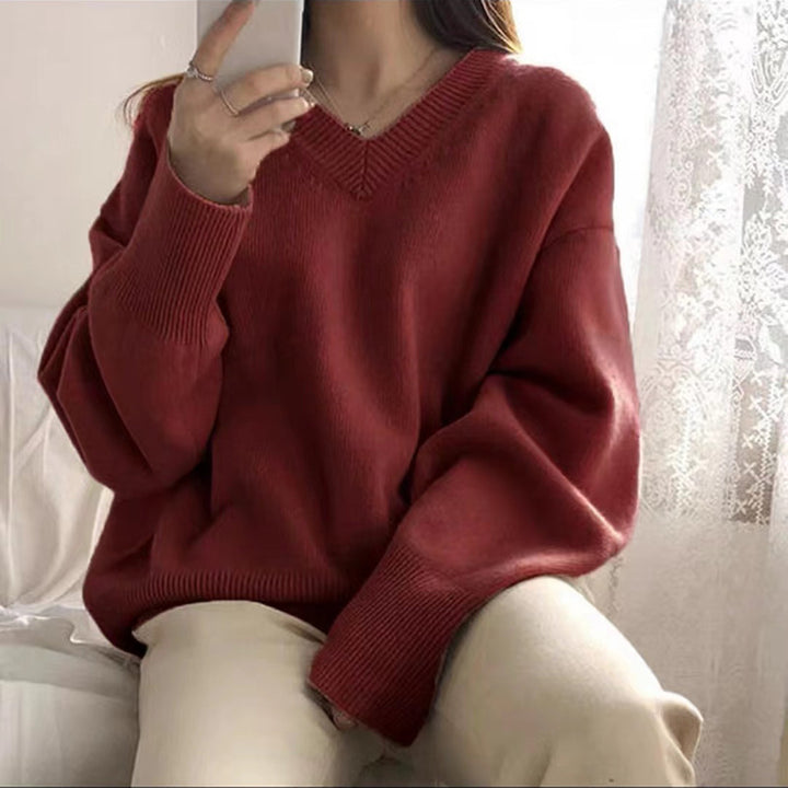 Damen Grob gestrickter V-Ausschnitt Pullover mit lässigem Schnitt und oversized Ärmeln Drune