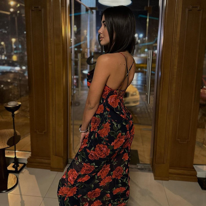 Damen Elegantes Blumenmuster-Maxikleid mit schmalen Trägern und gerafftem Oberteil Drune