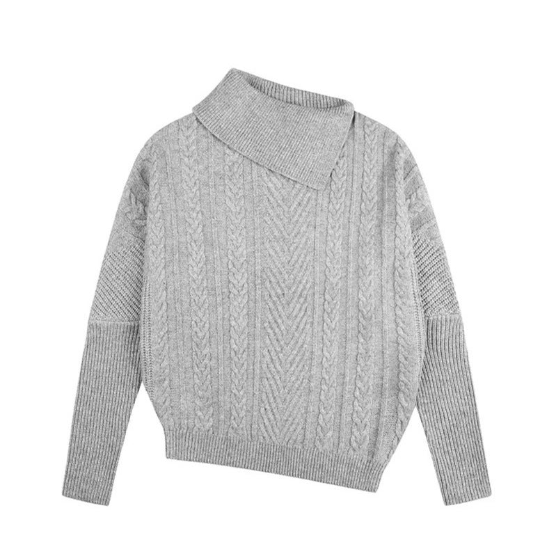 Damen asymmetrischer Zopfmuster-Pullover mit schrägem Rollkragen und Oversize-Schnitt Drune