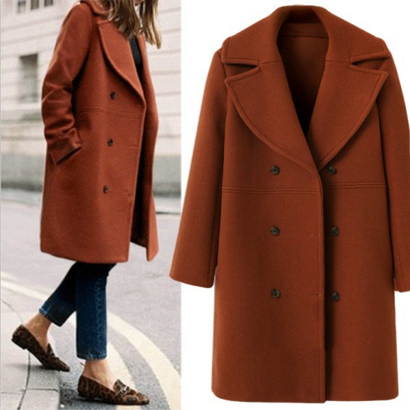 Damen Eleganter Doppelreiher-Wollmantel mit weitem Kragen und praktischen Taschen Drune