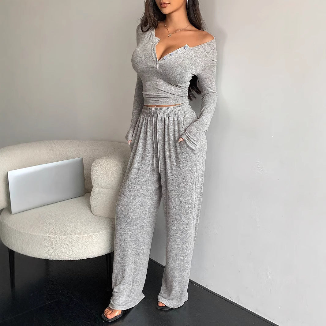 Damen Casual Rippstrick Lounge-Set mit Off-Shoulder Henley-Oberteil und weit geschnittenen Jogginghosen Drune