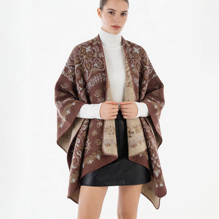 Damen Reversibler Ornamentaler Capeponcho mit feiner Jacquardstruktur Drune
