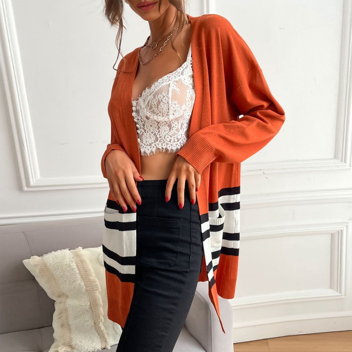 Damen Longline-Cardigan mit Kontraststreifen, aufgesetzten Taschen & Rippbündchen Drune