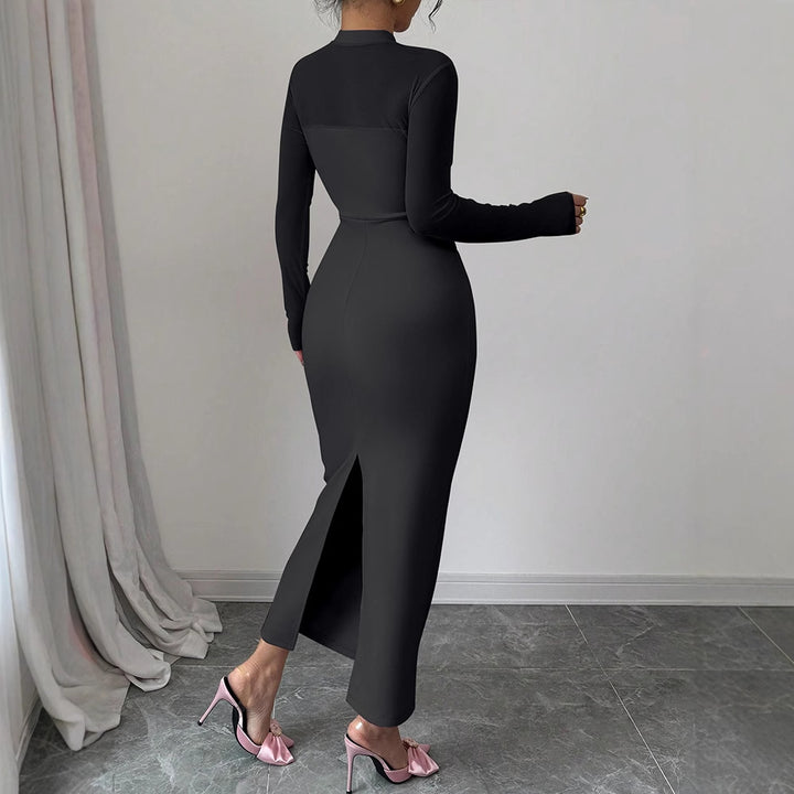 Damen Elegantes Langarm-Midi-Kleid mit raffinierter Drapierung und figurbetonter Silhouette Drune
