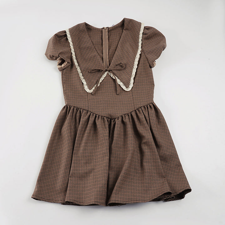 Damen Vintage-Kleid mit Puffärmeln und Spitzenkragen Drune